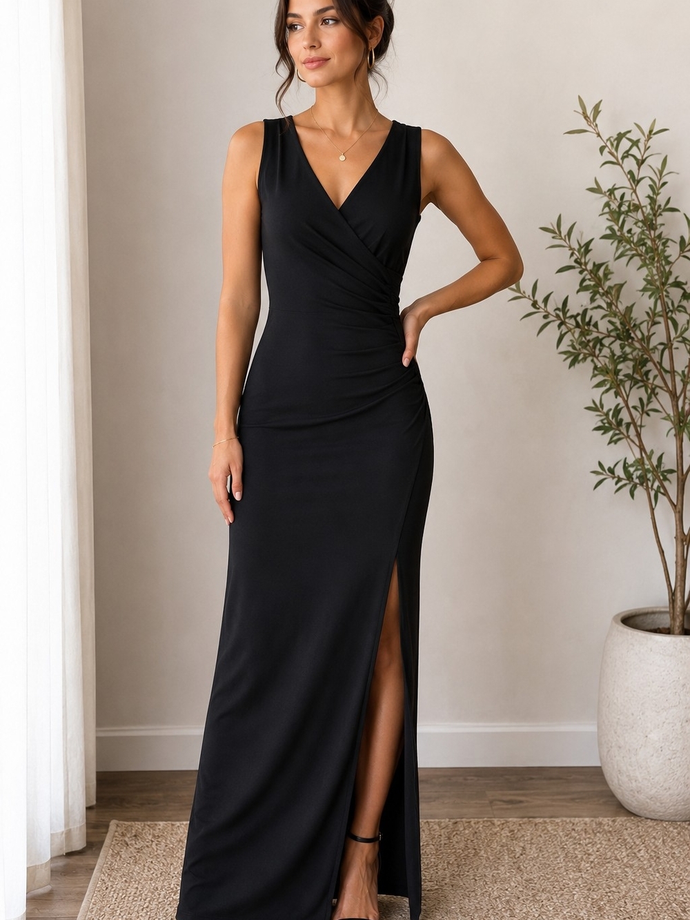 Woosea Black Maxi Dress Sleeveless V Neck Ruched Wrap Slit Size M
